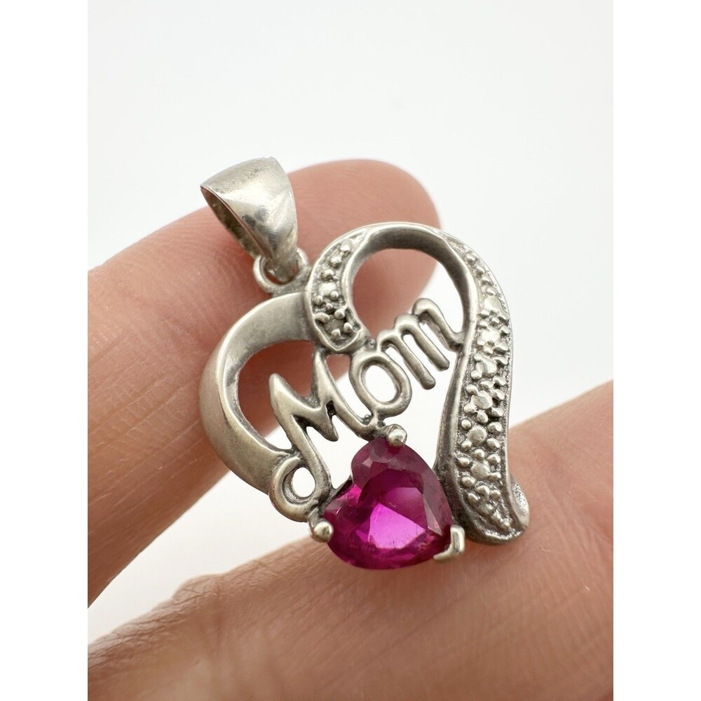 Vintage Sterling Silver 'Mom' Heart Pendant Genuine Diamond pink spinel Heart
